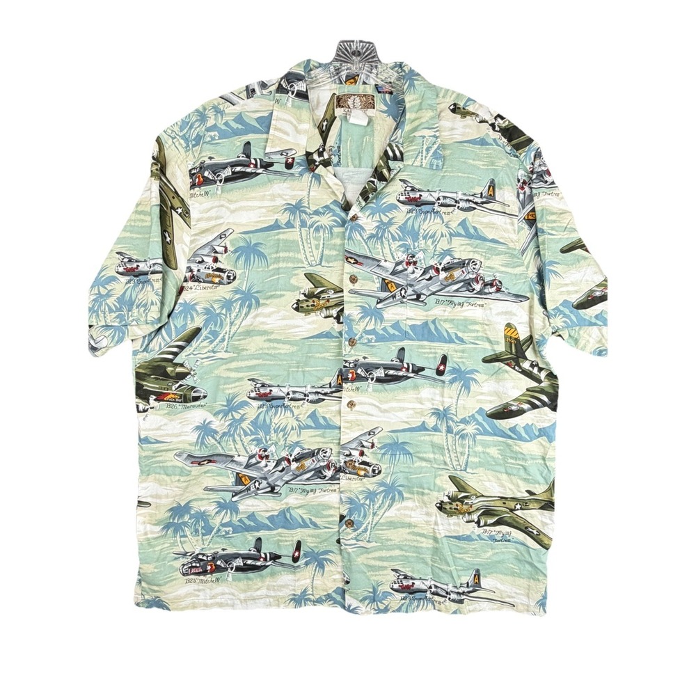 Vintage Kalaheo Military WW2 Bomber Fighter Plane Hawaiian Shirt Size L USA